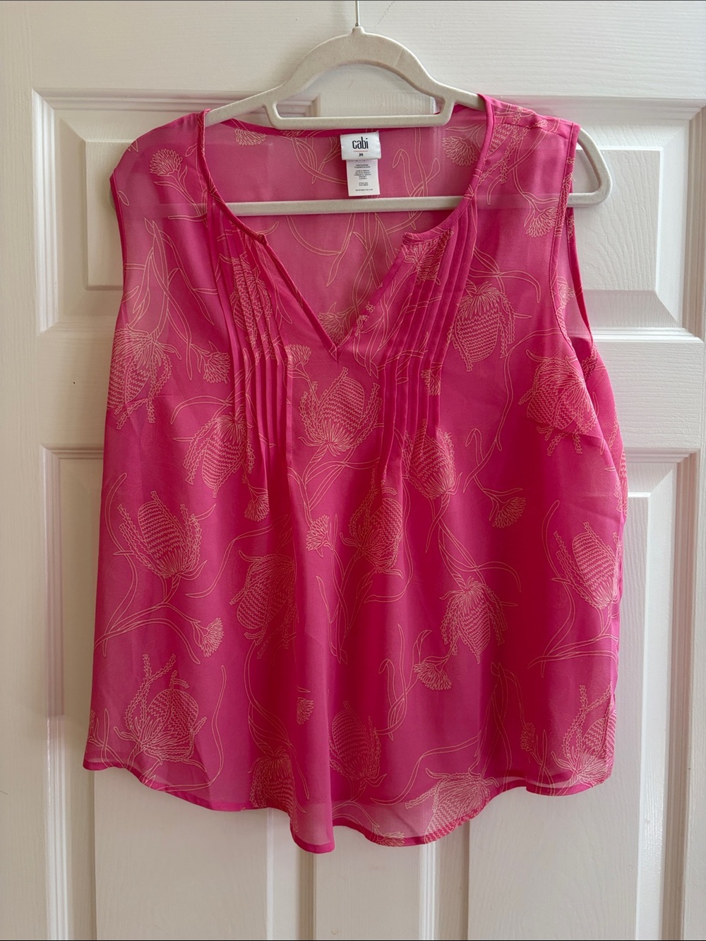 CAbi Hot Pink Floral Pintuck Sleeveless V-Neck Blouse